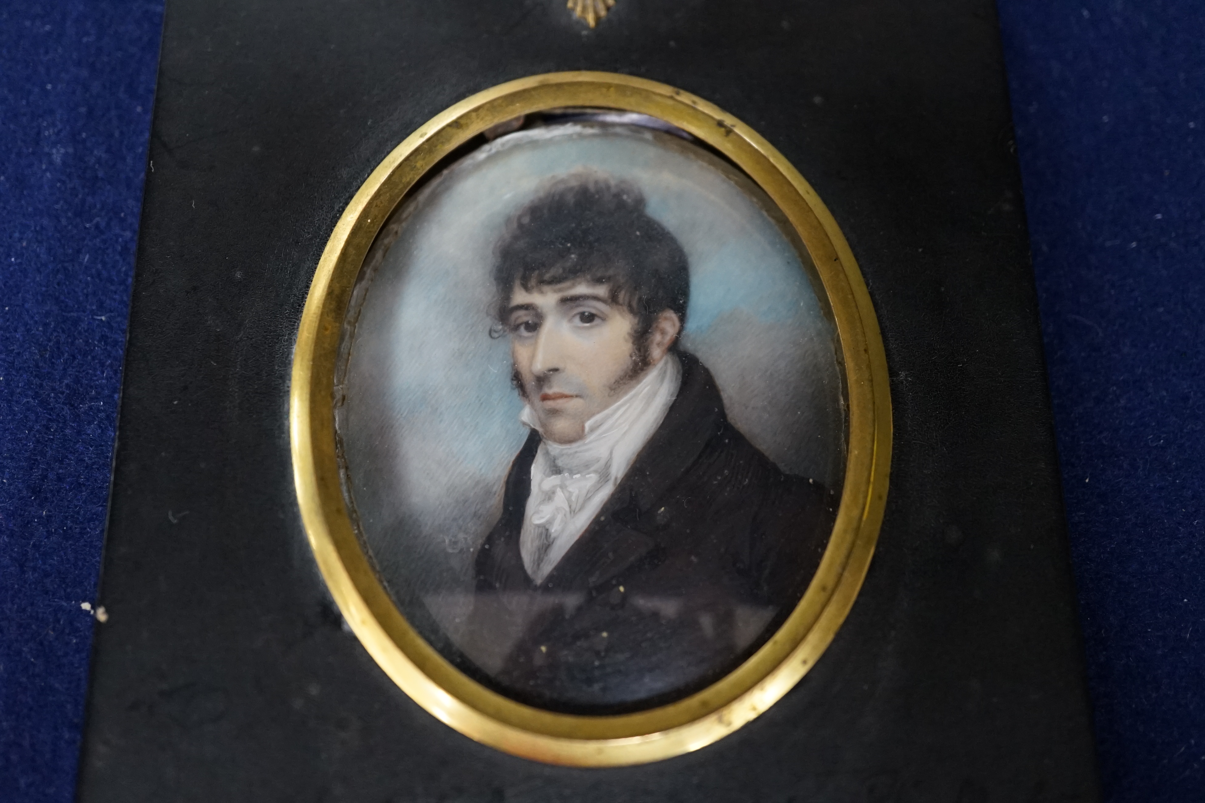 Regency School, watercolour on ivory, Portrait miniature of Lieutenant Colonel Joseph Phillpots, 35th Regiment Foot, inscribed in ink verso, 7.5 x 5.5cm, housed in ebonised frame CITES Submission reference N4DDKSBR